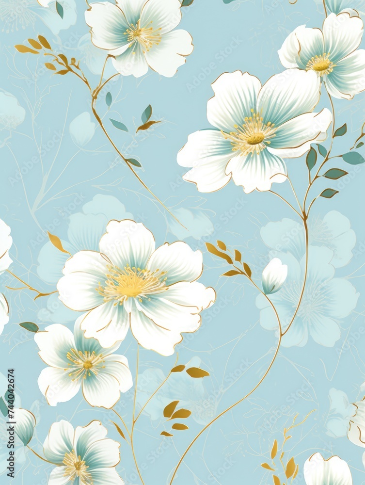 A blue background featuring white flowers and leaves spread across the canvas in an artistic arrangement, creating a visually appealing contrast.