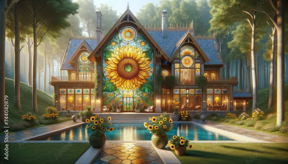 The mansion is in a forest glade, showcasing walls with beautiful stained glass art of sunflowers. Outside, a shimmering pool mirrors the blue sky, with sunflowers dotting its edges. AI Generated