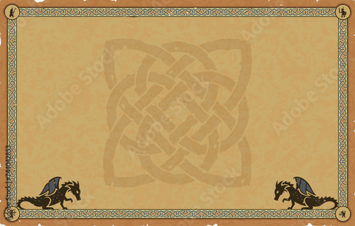 Large Parchment with Medieval Frame, Dragons, Elaborate Celtic Knot