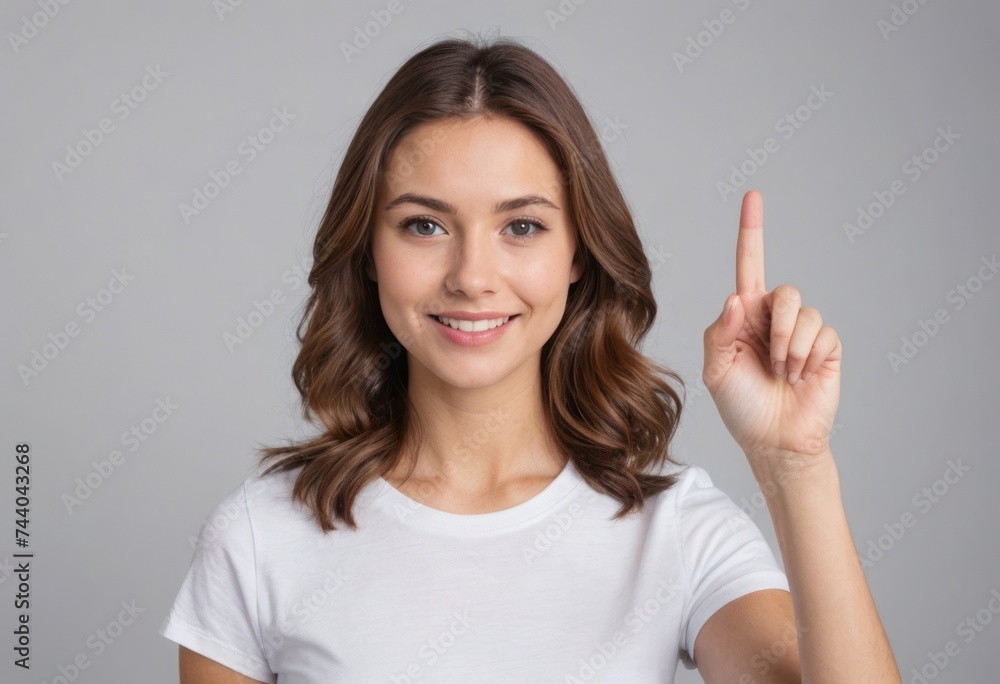 A young woman with a friendly smile wearing a white T-shirt, giving a thumbs up as a sign of approval and positivity. A young woman with a friendly smile wearing a white T-shirt, giving a thumbs up as a sign of approval and positivity.