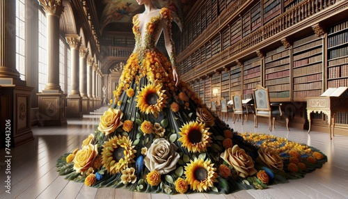 A striking gown, inspired by nature's beauty, standing out brilliantly against the backdrop of a grand library. AI Generated