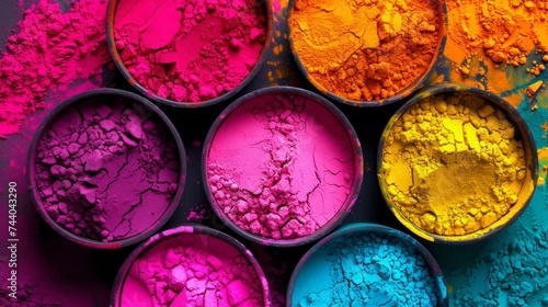 Colored scattering of multi-colored powder in a bowl on a dark background. Holi celebration concept in India with copyspace	
