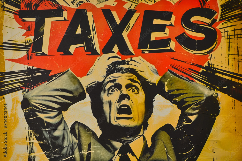 Vintage illustration of a stressed man holding his head and worrying about taxes