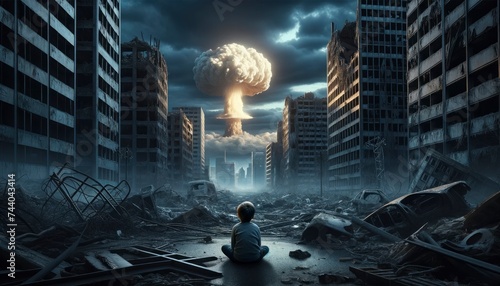 A devastated urban landscape with a child sitting amidst the ruins, gazing at the distant explosion. AI Generated