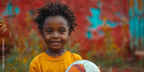 A young child's joy shines through their bright smile as they hold a football, their clothing and portrait reflecting the playful energy of the outdoor setting in this captivating human face art piec
