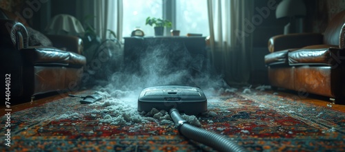 Efficiently sucking up dust and crumbs, the trusty vacuum glides over the soft carpet, leaving the indoor room looking immaculate and the furniture feeling refreshed near the cozy couch against the w