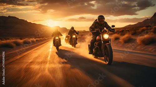 motorcycle riders traveling down a desert road at sunset © Oleksandr