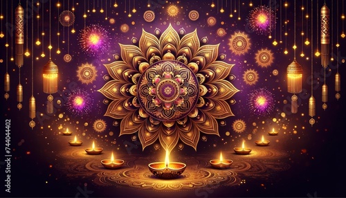 A backdrop featuring intricate gold mandala patterns set against a deep purple gradient, punctuated by glowing diyas and sky-bursting fireworks. AI Generative.