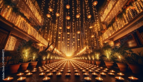 A captivating scene with strings of golden fairy lights draped from balconies and trees, complemented by ground-level diyas lining pathways and windowsills. AI Generative.