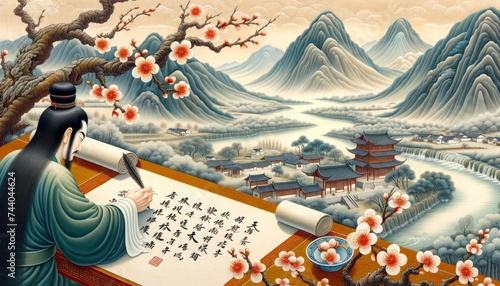 A traditional Chinese scroll painting depicting a serene landscape, with a scholar under a blossoming plum tree. AI Generated photo