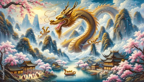 A traditional Chinese painting depicting a golden dragon weaving through a serene landscape with mist-covered mountains and villagers celebrating below.  AI Generated photo