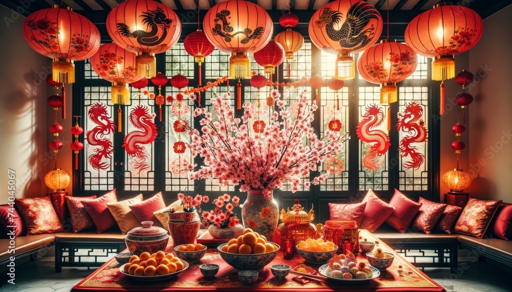 A festive living room adorned with vibrant red lanterns hanging from the ceiling, intricate paper cutouts on the windows, and a centerpiece of plum blossoms on the table. AI Generated A festive living room adorned with vibrant red lanterns hanging from the ceiling, intricate paper cutouts on the windows, and a centerpiece of plum blossoms on the table. AI Generated