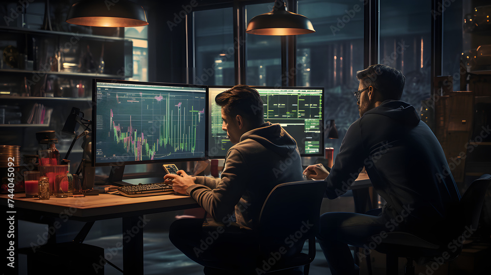 two traders at a desk looking at stock charts Stock Photo | Adobe Stock