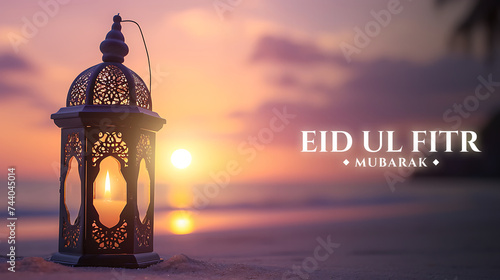 Happy Eid ul fitr background Ornamental Arabic lantern glowing - Eid Mubarak