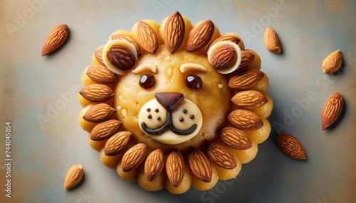 A dessert crafted to resemble a lion's head, made of golden besan laddu, with almond slices for the mane, raisin eyes, and a cashew nose. AI Generative. photo