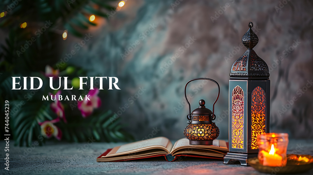 Happy Eid ul fitr background Ornamental Arabic lantern glowing - Eid Mubarak