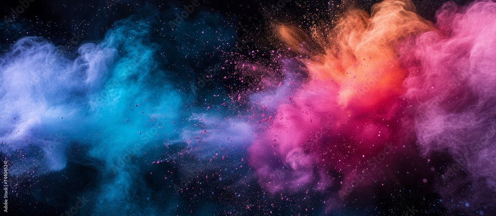 Colored splash explosion of multi-colored powder on a dark background. Holi celebration concept in India, background for holiday advertising and creative products or projects, banner with copyspace - obrazy, fototapety, plakaty 
