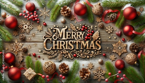 A rustic wooden background with Merry Christmas carved into the wood, surrounded by festive ornaments. AI Generated
