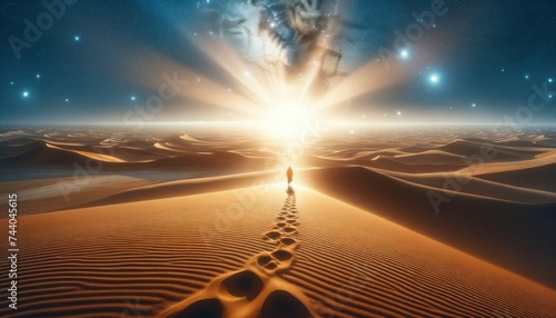 A vast desert landscape where a lone figure is walking towards a radiant light source under a star-filled sky, the solitude and determination required in the journey to enlightenment. AI Generated