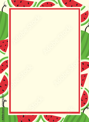 Rectangular summer frame in the flat style. Photo frame with a canticle of watermelon pieces and a whole berry. photo