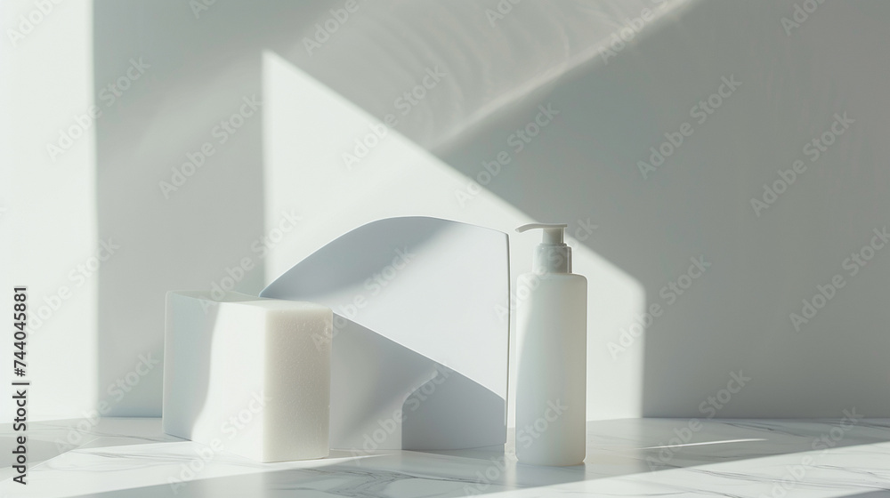 Fototapeta premium White cosmetic bottle mockup on white background with shadow. 3d rendering