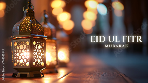 Happy Eid ul fitr background Ornamental Arabic lantern glowing - Eid Mubarak