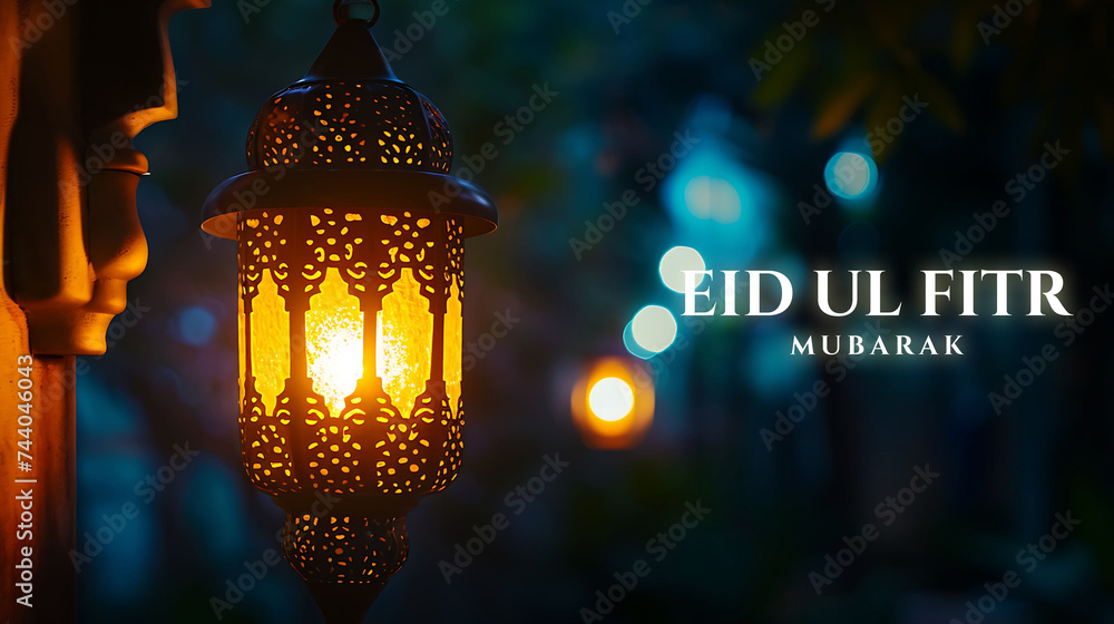 Happy Eid ul fitr background Ornamental Arabic lantern glowing - Eid Mubarak