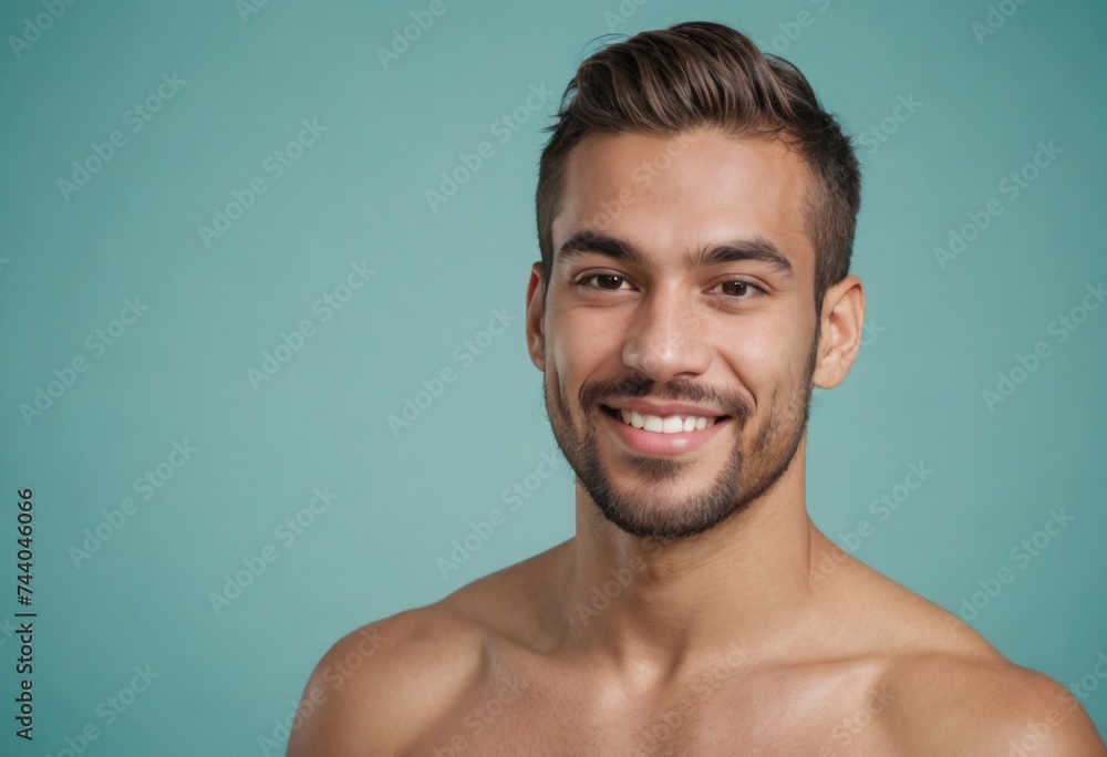 A bare-chested man smiling against a blue backdrop, exuding confidence and relaxation. A bare-chested man smiling against a blue backdrop, exuding confidence and relaxation.