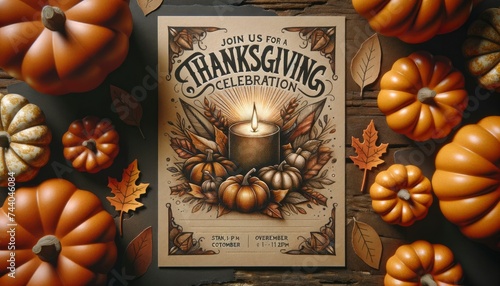 A Thanksgiving invitation card. The main text invites guests to 