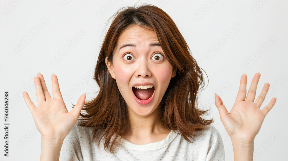 Surprised Young Woman with Hands Up Expression Surprised Young Woman with Hands Up Expression