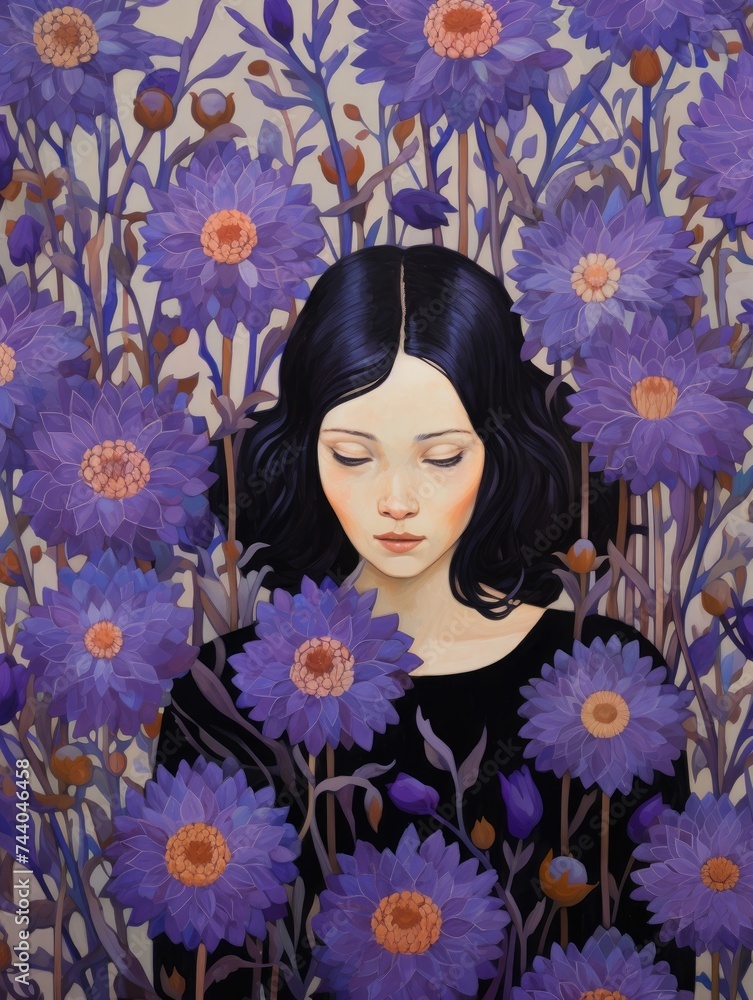 A painting of a woman standing amidst a vibrant display of purple flowers, creating a visually striking scene with the contrasting colors.