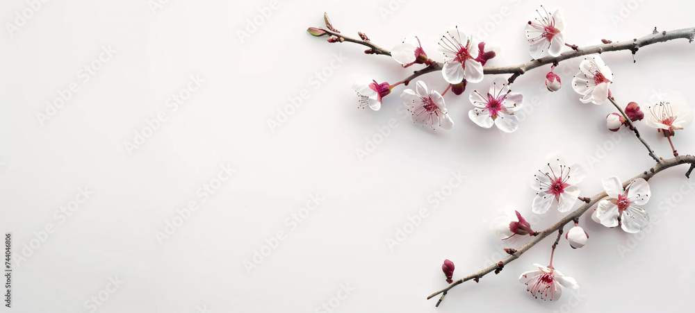 Blossoming Cherry Branch on White Background