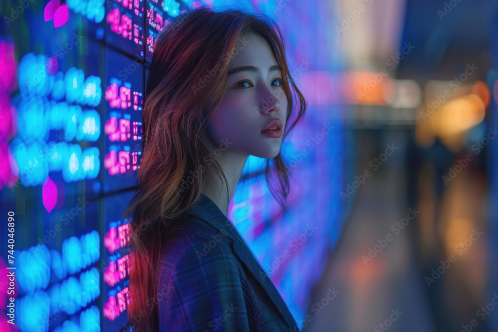Caucasian woman trader in suit on the background of huge monitors with charts. Caucasian woman trader in suit on the background of huge monitors with charts.