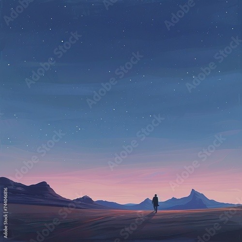 A lone traveler crossing a vast desert under a twilight sky, with a distant mountain range on the horizon signaling the continuation of their journey.  photo