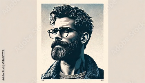 A stylized portrait of a man with a beard and glasses, captured with the retro and grainy texture characteristic of risograph printing.  photo