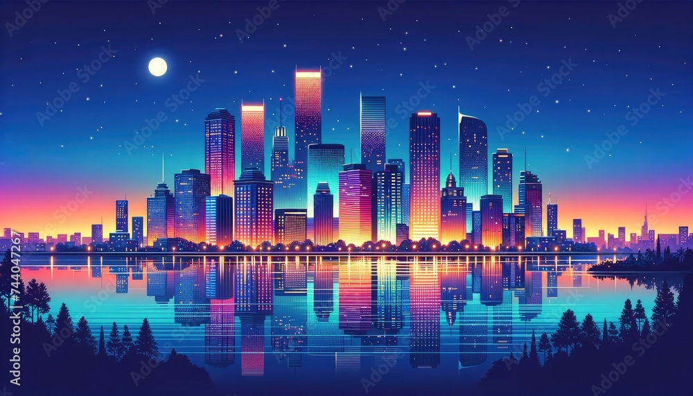 Fototapeta premium A vibrant city skyline at dusk. Modern skyscrapers, illuminated by neon lights, cast their reflections on the tranquil river below. AI Generated