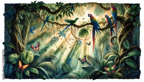 Fototapeta Naklejka Na Ścianę i Meble -  A watercolor painting showcasing an atmospheric jungle mural with a canopy of intertwined tropical leaves, vivid parrots on branches, and various butterflies. AI Generated