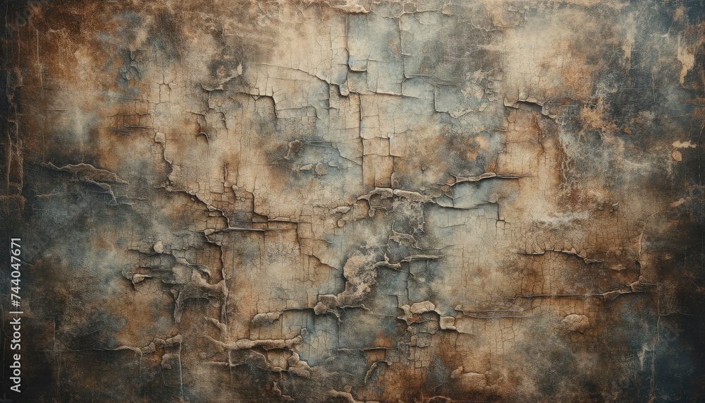 A photo showcasing a worn-out texture with visible signs of aging, such as cracks, discolorations, and faded areas. The material gives a strong sense of history and time. AI Generated