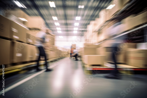 generated illustration of blur movement of worker in warehouse interior with shelves, pallets and boxes
