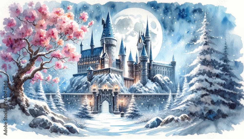 A majestic castle amidst a snow-covered landscape, illuminated by moonlight. In the foreground, a blossoming tree vibrant pink flowers with the icy setting, under glow of a full moon.  AI Generated