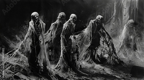 Malevolent spirits rising from their graves, their skeletal forms shrouded in tattered burial shrouds. photo
