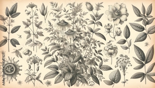 An illustration showcasing a botanical theme with intricate details of plants, flowers, and leaves, reminiscent of 19th-century scientific illustrations. AI Generated photo