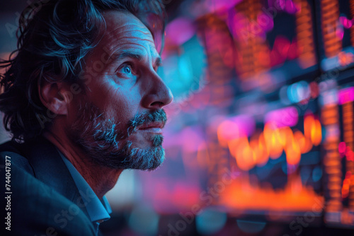 Caucasian man trader in suit on the background of huge monitors with charts. © sofiko14