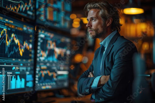 Caucasian man trader in suit on the background of huge monitors with charts.
