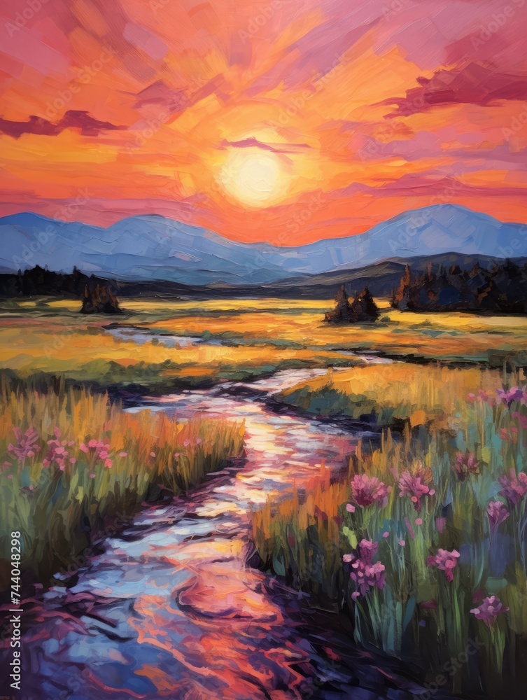 A painting depicting a vibrant sunset over a flowing river, with warm hues illuminating the sky and reflecting on the water below.