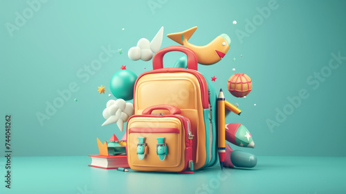 Creative illustration of a school theme, a bright school backpack with school supplies around. Concept of back to school, learning, school times photo