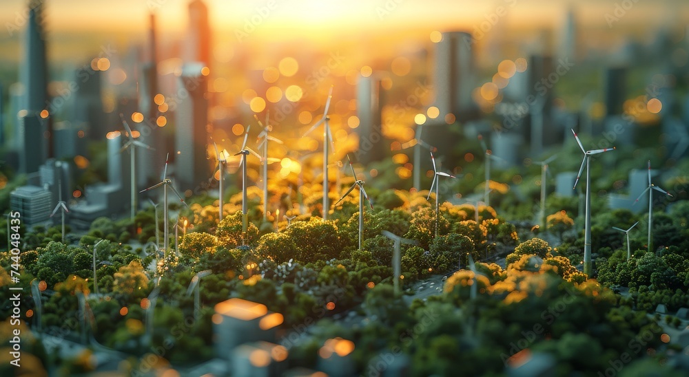 As the sun sets over the sprawling city, vibrant flowers bloom among the grass and towering wind turbines, a testament to the harmonious blend of nature and technology - obrazy, fototapety, plakaty 
