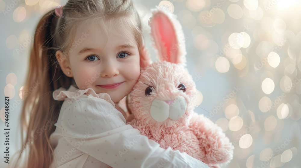 A smiling little girl in white clothes holds a toy Easter bunny on a blurred background of the room A smiling little girl in white clothes holds a toy Easter bunny on a blurred background of the room
