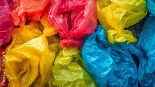 Multi-colored full garbage plastic bags on white background with copy space. Concept of environmentally friendly redistribution of waste