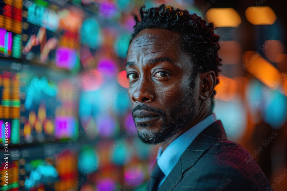 African man trader in suit on the background of huge monitors with charts. African man trader in suit on the background of huge monitors with charts.